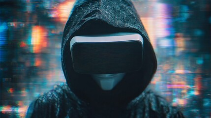 Cyber attack with unrecognizable hooded hacker using virtual reality, digital glitch effect