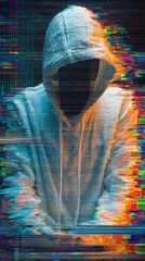 Cyber attack with unrecognizable hooded hacker using virtual reality, digital glitch effect