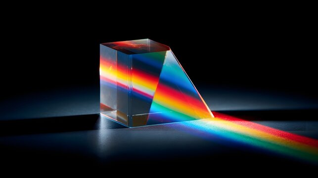 A glass prism refracts white light into a spectrum of rainbow colors on a dark background.