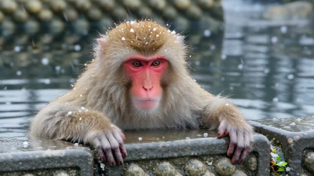 Close-up of a macaque monkey resting by the water, surrounded by falling snowflakes in a serene atmosphere