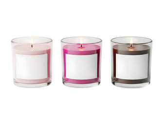 Three Lit Candles in Glass Holders on Transparent Background