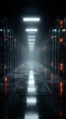 Data Technology Center Server Racks Working in Dark Facility. Concept of Internet of Things, Big Data Protection, Storage, Cryptocurrency Farm, Cloud Computing. 3D Render of Crypto Miners.