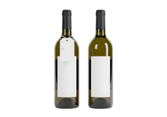 Two blank wine bottles with white labels Isolated on transparent background