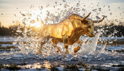 Golden bull bursting through a shattered form illuminated by a radiant sun