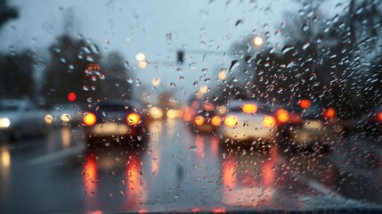 Defocussed traffic viewed through a car windscreen covered in rain, focus on raindrops