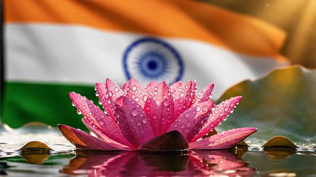 Pink Lotus Flower with Water Droplets Reflecting, with Indian Flag in The Background
