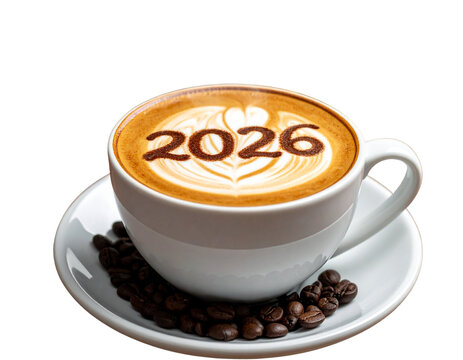 Happy New Year 2026 theme number 2026 on frothy surface of cappuccino served in white