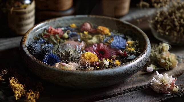 Colorful flowers float in a rustic bowl of water
