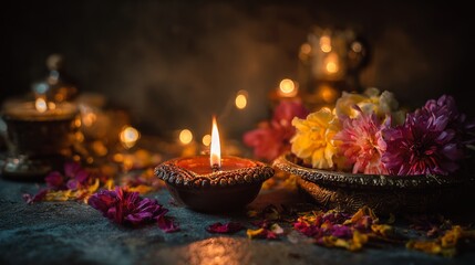 Diwali diya or lighting in the night with gifts, flowers over moody scene
