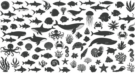 Vector silhouettes of diverse marine life including fish, whales, corals, and shells for ocean-themed design and educational use.  © Silent Soul