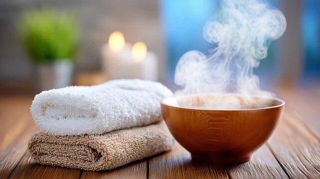 Tranquil Spa Scene: A serene spa scene, with warm towels and a steaming bowl, inviting relaxation and wellness. The soft glow of candlelight and wooden textures add to the calming ambiance.