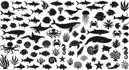 Black silhouette vector set of diverse marine life including sea creatures, corals, shells, and ocean elements for underwater themes. © Silent Soul