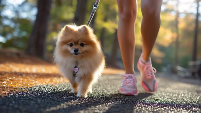 女性がポメラニアンと日差しの公園小道を散歩