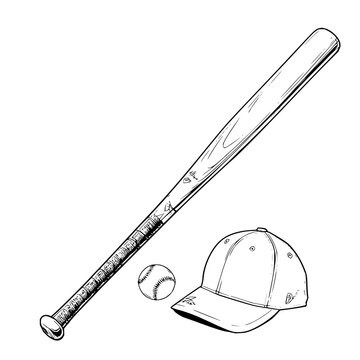 Illustration of a baseball bat with grip, baseball, and cap in black and white line drawing style