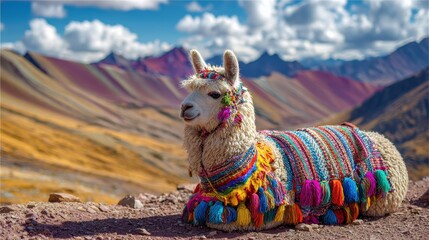 dressed alpaca is resting at rainbow mountain in peruvian andes 