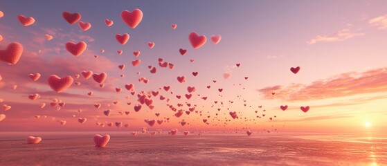 Pink heart shapes float across serene ocean at sunset, creating dreamy romantic atmosphere with soft pink gradient sky and gentle light reflections on water