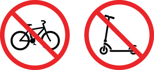 No bicycle and no electric scooter prohibition signs representing restricted vehicles area safety regulation flat vector illustration © Shamim