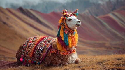 dressed alpaca is resting at rainbow mountain in peruvian andes 