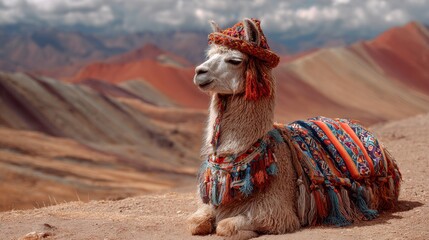 dressed alpaca is resting at rainbow mountain in peruvian andes 