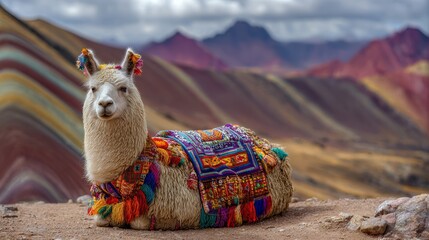dressed alpaca is resting at rainbow mountain in peruvian andes 