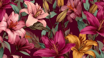 Exotic hand drawn flowers, seamless patterns with floral for fabric, textiles, clothing, wrapping paper, cover, banner, home decor, abstract backgrounds. Vector illustration