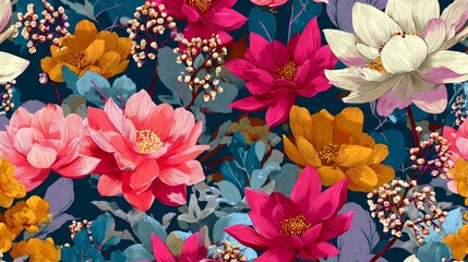 Exotic hand drawn flowers, seamless patterns with floral for fabric, textiles, clothing, wrapping paper, cover, banner, home decor, abstract backgrounds. Vector illustration