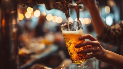 Female bartender pouring lager foamy beer from tap into glass. Organic drinks. Concept of beer, brewery, pub, Oktoberfest, traditions