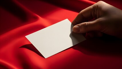 Hand holding blank card on red silk