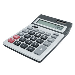 A standard gray and white calculator with a digital display isolated on transparent background