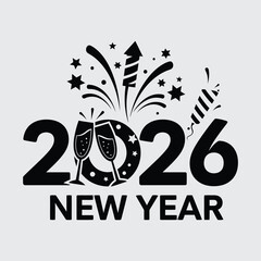 Happy new year 2026 with fireworks and confetti design. Modern black and white new year 2026 vector text illustration.