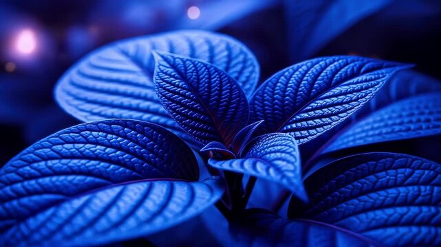 Exploring blue leaves with unique patterns in close detail during nighttime