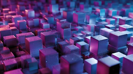 Abstract 3D Cubes with Neon Lighting in a Futuristic Cityscape.