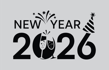 Happy new year 2026 with fireworks and confetti design. Modern black and white new year 2026 vector text illustration.