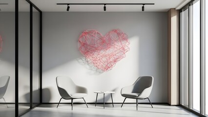 Modern waiting area with heart sculpture