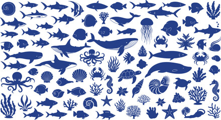 Dark blue marine life silhouette vector set featuring sea creatures, corals, and shells for ocean-themed design and decoration  © Silent Soul