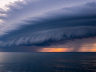 A dark and ominous storm cloud rolls over a body of water during sunset or sunrise with orange glow on the horizon.