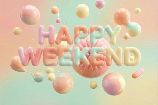 D Scene Where Soft, Glossy Balloon Letters Spelling &ldquo;Happy Weekend&rdquo; Joyfully Float, Squish, And Bounce