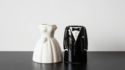 Bride  Groom Elegant Ceramic Vessels on Black with Minimalist Wedding Art.
