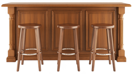 Wooden bar with three stools bar stools wooden stools isolated on a transparent background