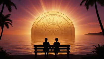 Couple watching a large sun illustration rise over the ocean at sunset