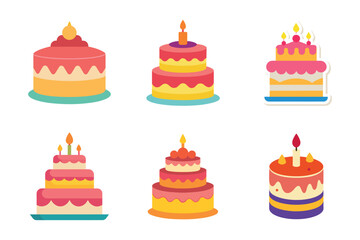 Various Birthday Cake Vector Designs with Different Styles for Party Graphics.