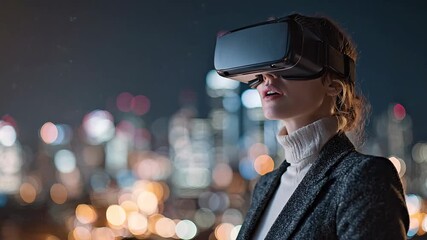 Young businesswoman wearing VR virtual reality headset adjusting device on rooftop at night with city bokeh lights background - Powered by Adobe