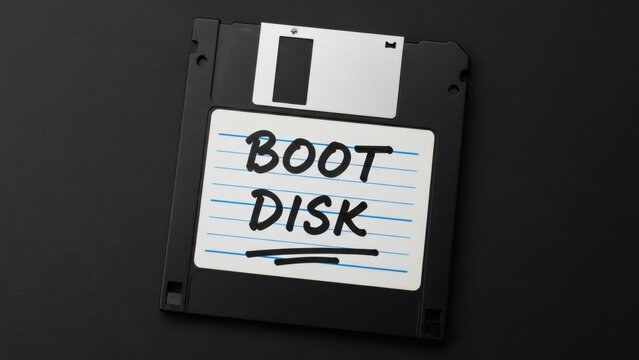Boot Disk Relic  Black floppy disk with handwritten label on dark backdrop.