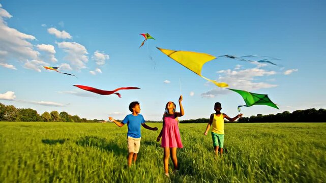 Children flying kites in field