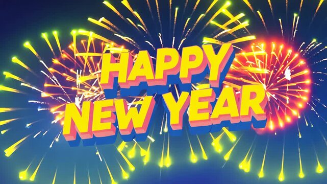A vibrant scene of fireworks illuminating the night sky with bold text saying happy new year, perfect for festive greeting cards, digital designs, and holiday promotions. the dynamic display conveys j