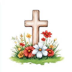 Wooden Cross Surrounded by Colorful Flowers and Green Grass