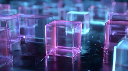 Abstract Geometric Cubes with Neon Glow in Futuristic Digital Landscape.