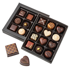 Two boxes of gourmet chocolates with various shapes on transparent background high angle