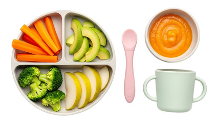 A colorful baby meal with carrots avocado pear broccoli and puree
