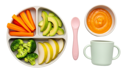 A colorful baby meal with carrots avocado pear broccoli and puree